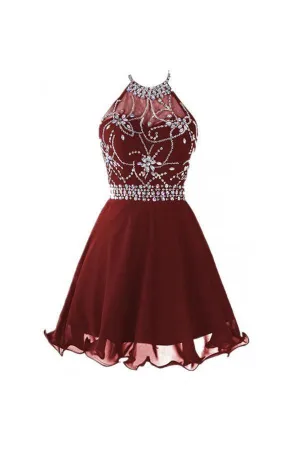 Short Backless Chiffon Burgundy Homecoming With Beading PG018