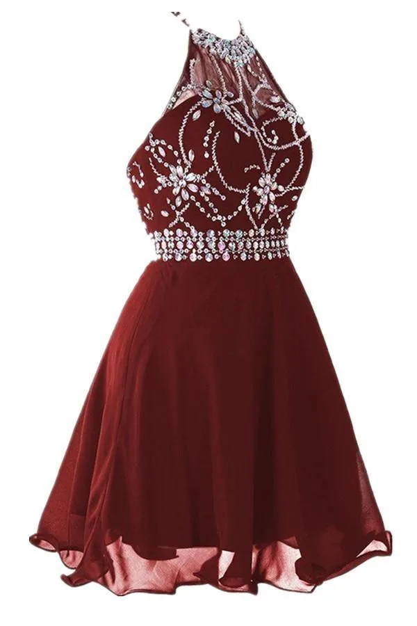 Short Backless Chiffon Burgundy Homecoming With Beading PG018