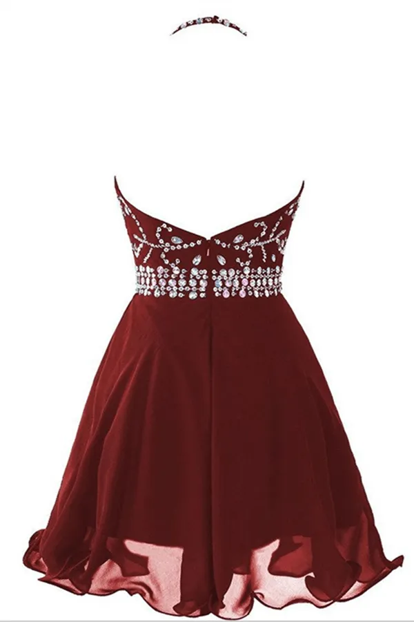 Short Backless Chiffon Burgundy Homecoming With Beading PG018