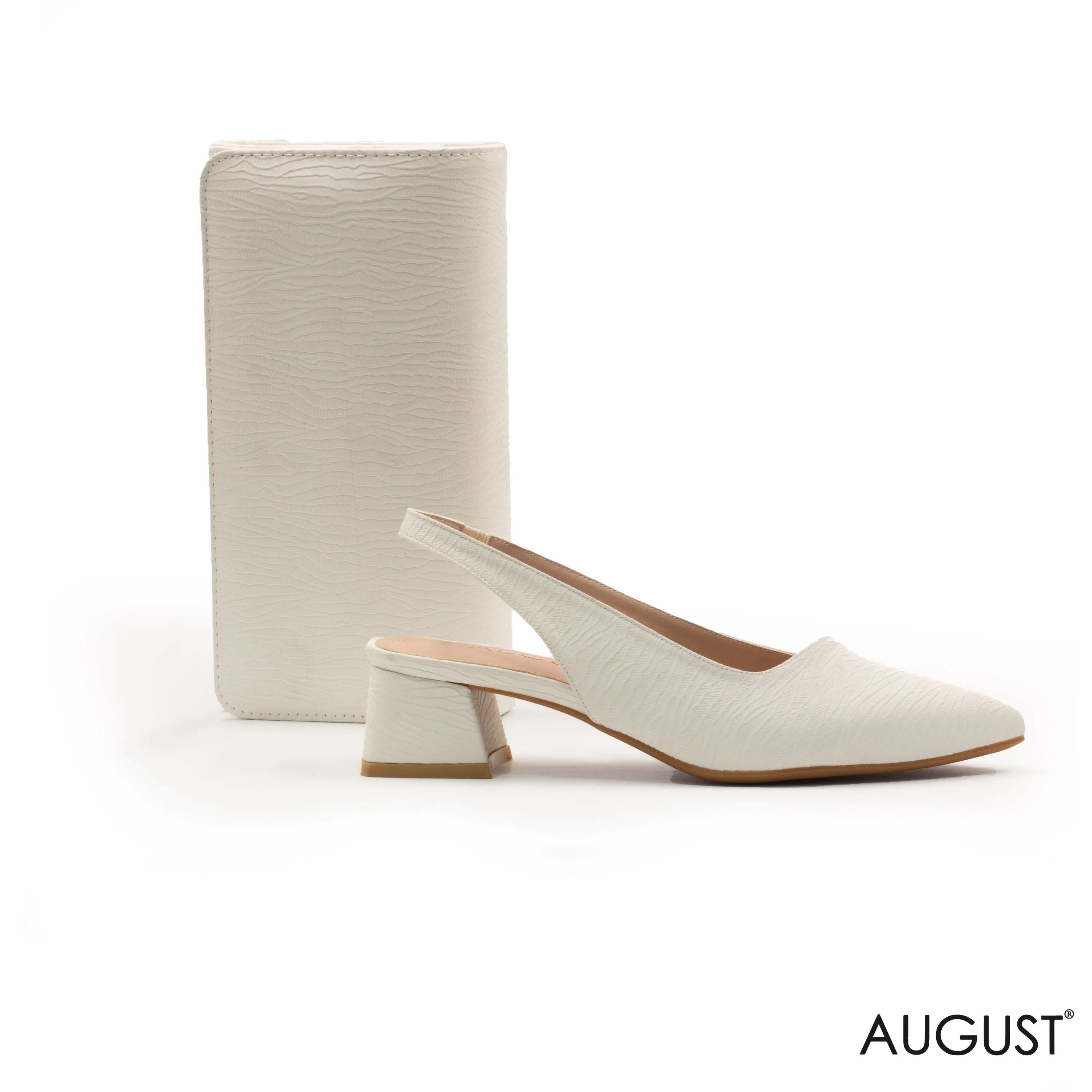 SLINGBACK SHOES WITH A BLOCK LOW-HELL, WHITE ENGRAVED LEATHER WALLET WITH FLAP