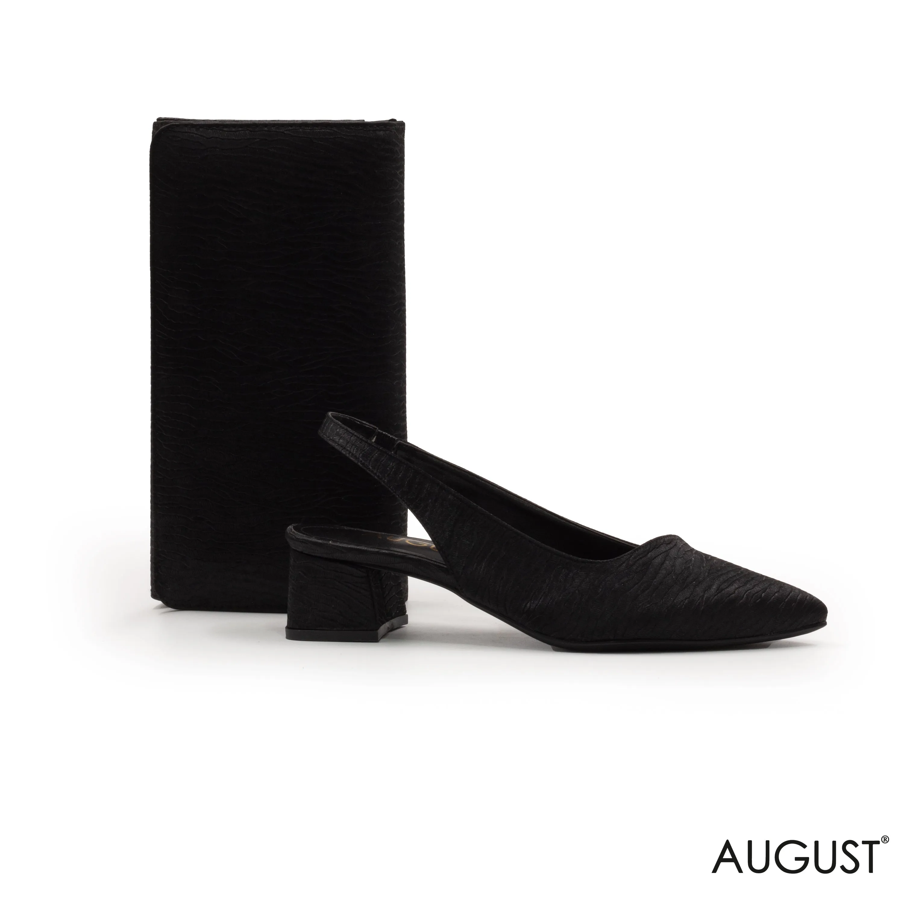 SLINGBACK SHOES WITH A BLOCK LOW-HELL,BLACK ENGRAVED LEATHER WALLET WITH FLAP
