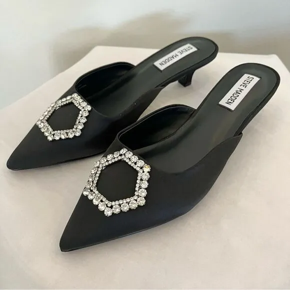 Steve Madden Beignet Kees Black Satin Rhinestone Embellishment Size 8 NWOB