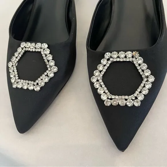 Steve Madden Beignet Kees Black Satin Rhinestone Embellishment Size 8 NWOB