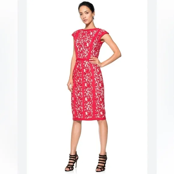 Tadashi Shoji Womens Red Lace Cap Sleeve Knee Length Dress Size 4 Romantic