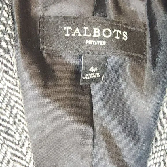 Talbots mixed wool herringbone pattern fitted blazer with braided buttons