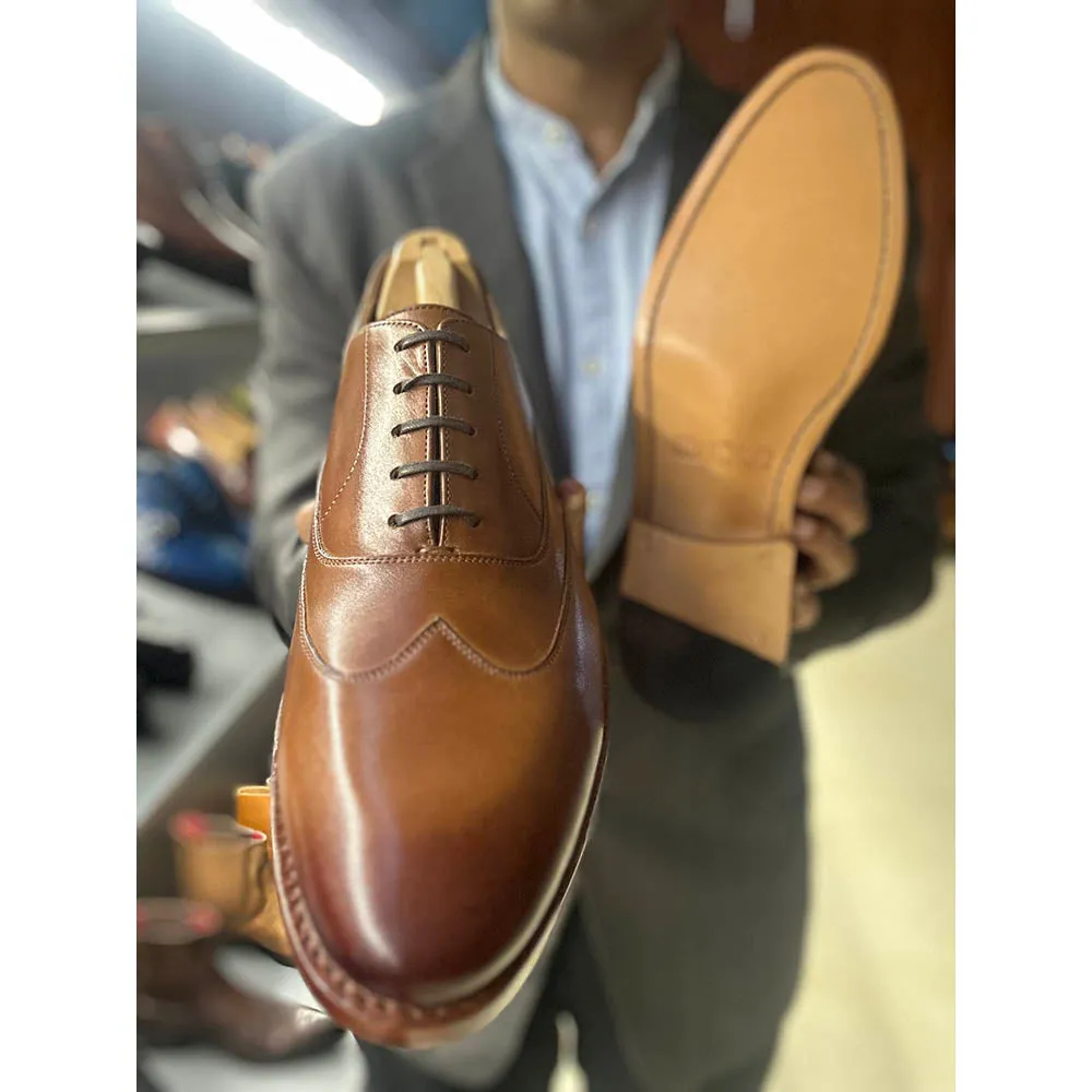 Tan Goodyear Welted Classic Wingtip Oxford With Fiddle Back Italian Sole