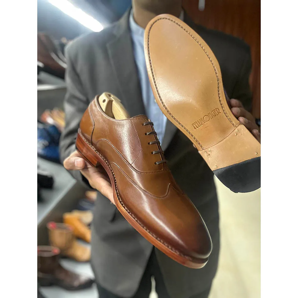 Tan Goodyear Welted Classic Wingtip Oxford With Fiddle Back Italian Sole