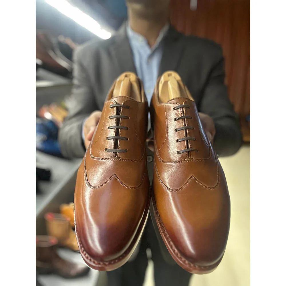 Tan Goodyear Welted Classic Wingtip Oxford With Fiddle Back Italian Sole