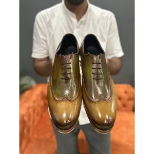 Tan   Green Mirror Glossed 2 Tone Wingtip With Stitch Detail   Metal Toe
