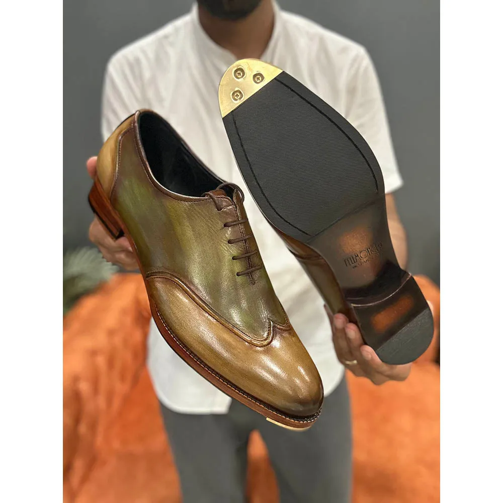 Tan   Green Mirror Glossed 2 Tone Wingtip With Stitch Detail   Metal Toe