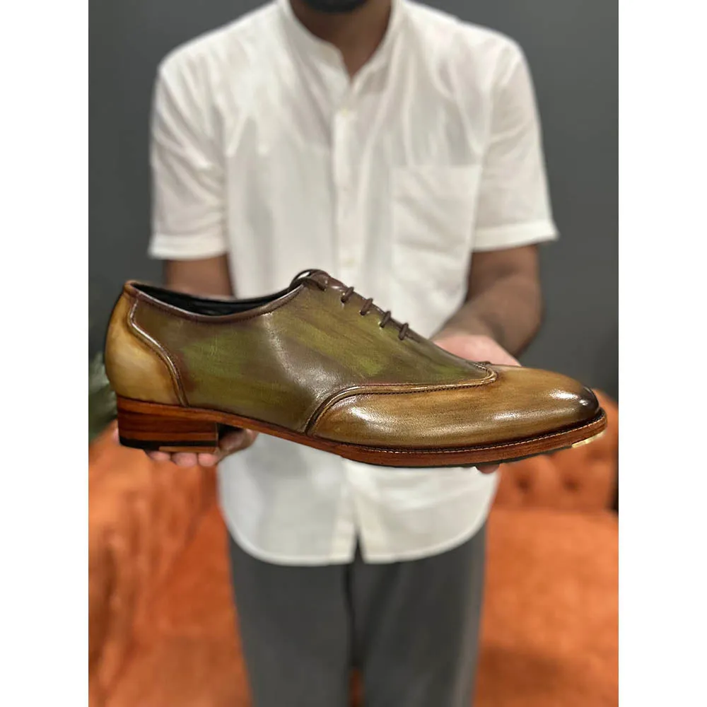 Tan   Green Mirror Glossed 2 Tone Wingtip With Stitch Detail   Metal Toe