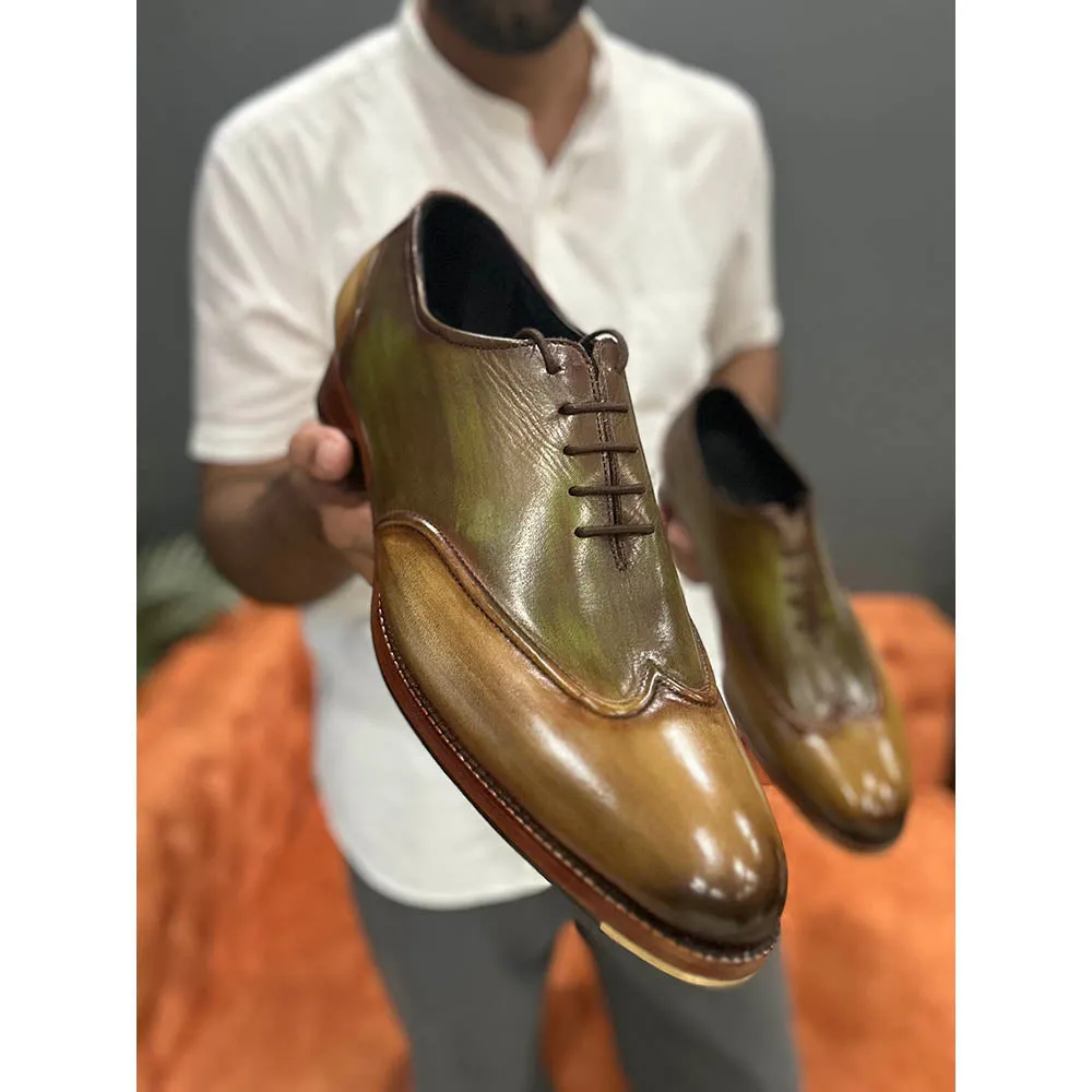 Tan   Green Mirror Glossed 2 Tone Wingtip With Stitch Detail   Metal Toe