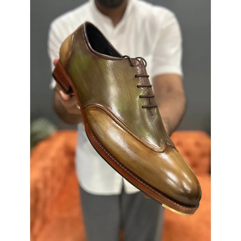 Tan   Green Mirror Glossed 2 Tone Wingtip With Stitch Detail   Metal Toe