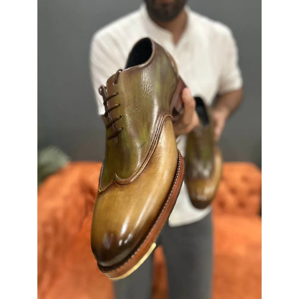 Tan   Green Mirror Glossed 2 Tone Wingtip With Stitch Detail   Metal Toe