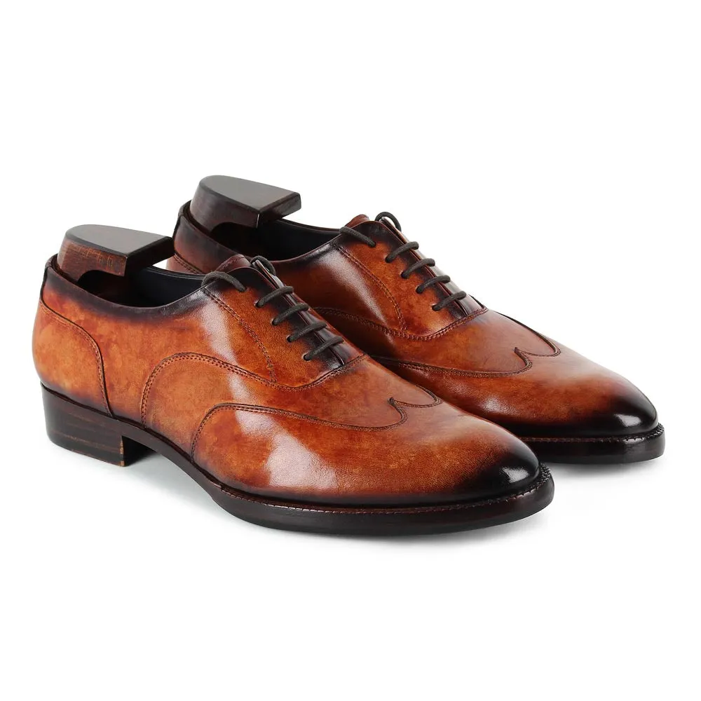 Tan Marble Patina Mirror Glossed Stitch Detail Wingtip Oxford