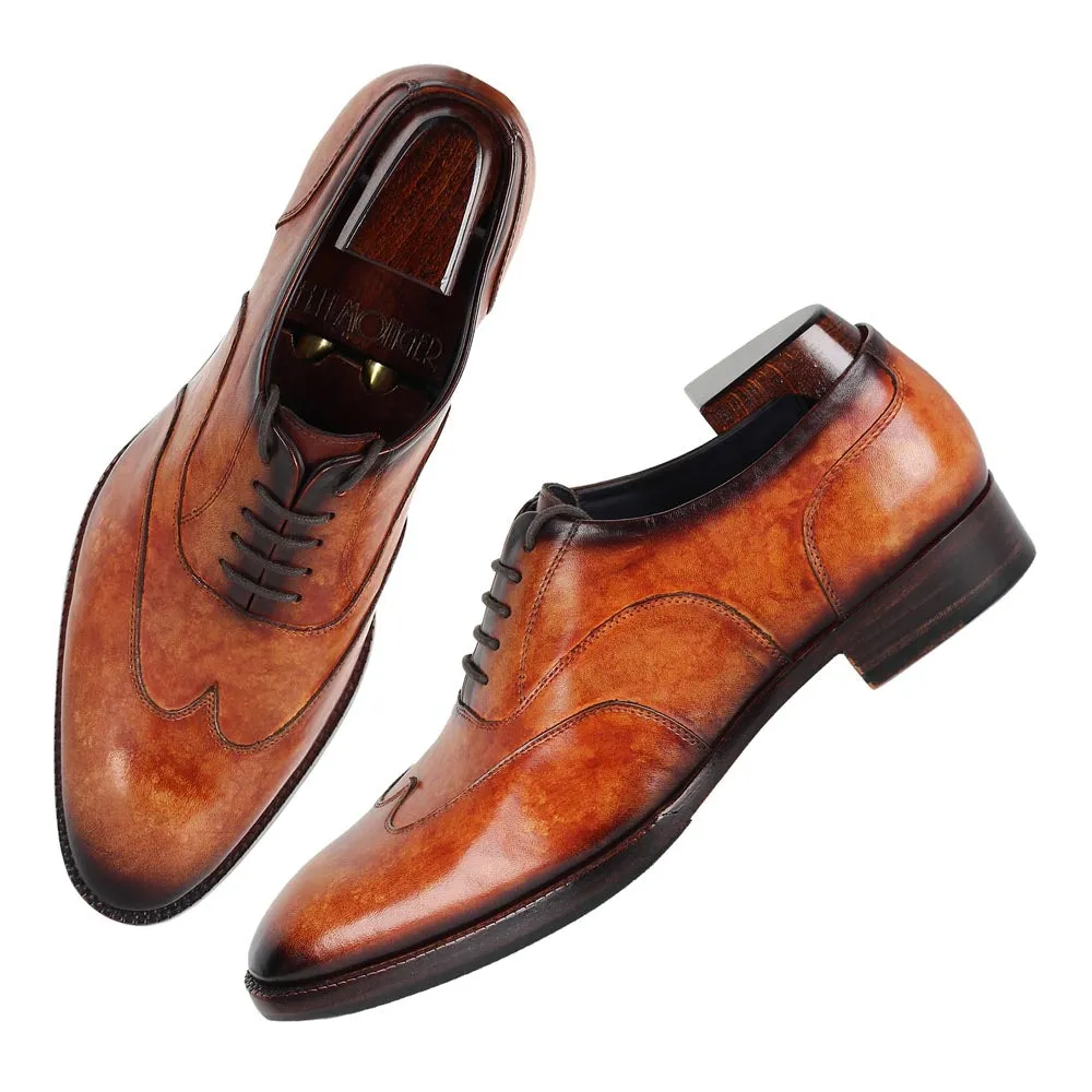 Tan Marble Patina Mirror Glossed Stitch Detail Wingtip Oxford