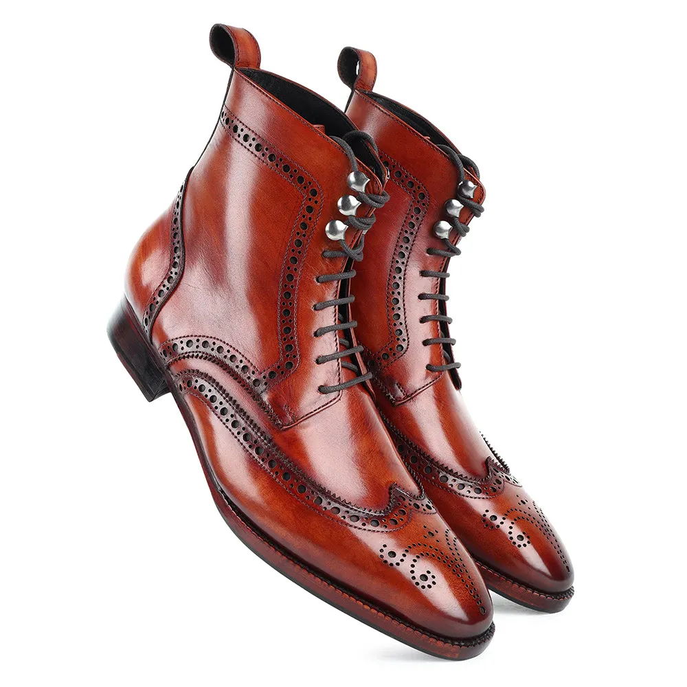 Tan Mirror Glossed Patina Wingtip Medallion Derby Boots