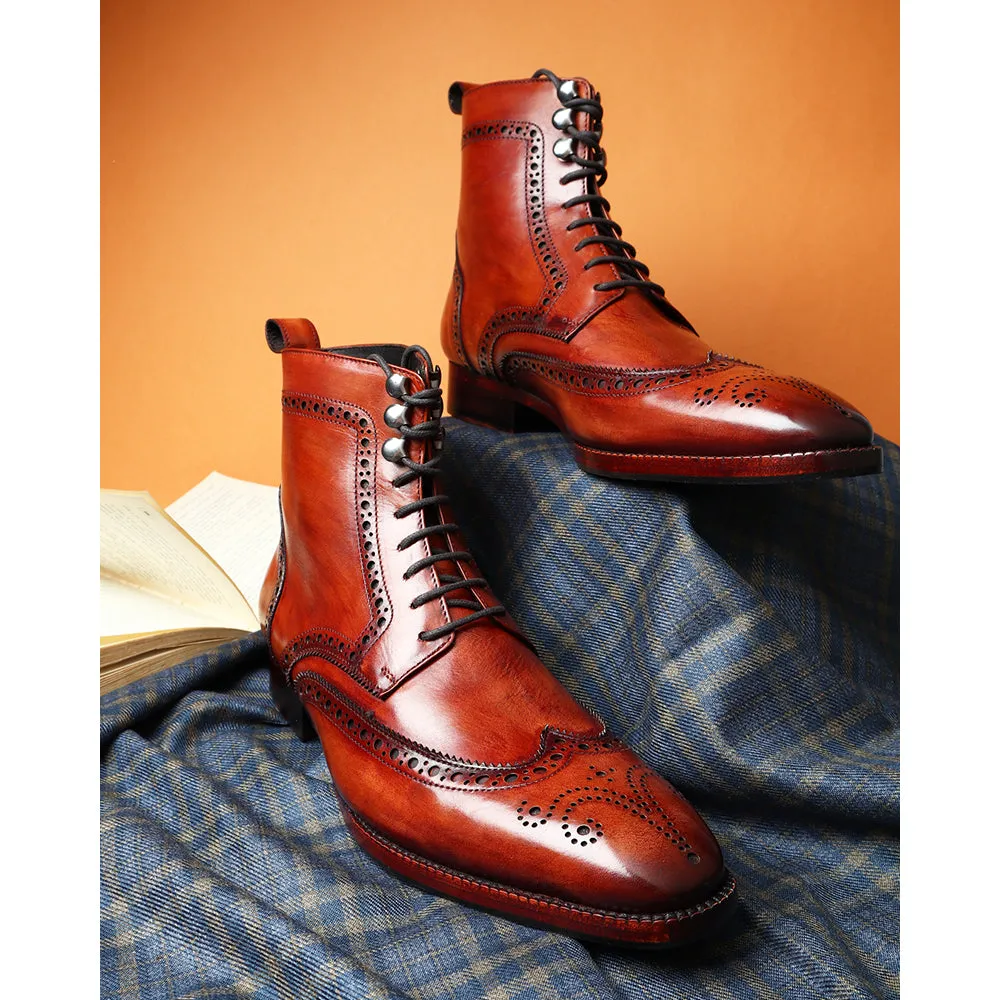 Tan Mirror Glossed Patina Wingtip Medallion Derby Boots