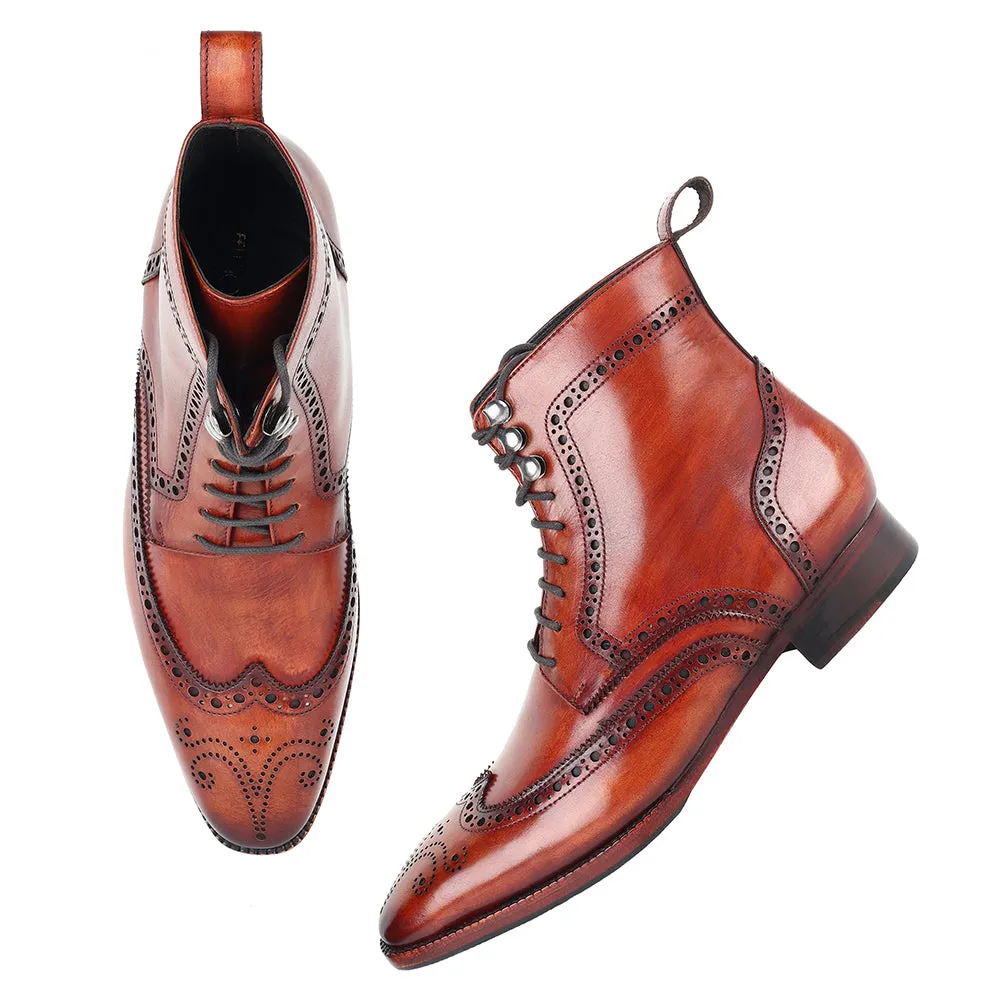Tan Mirror Glossed Patina Wingtip Medallion Derby Boots
