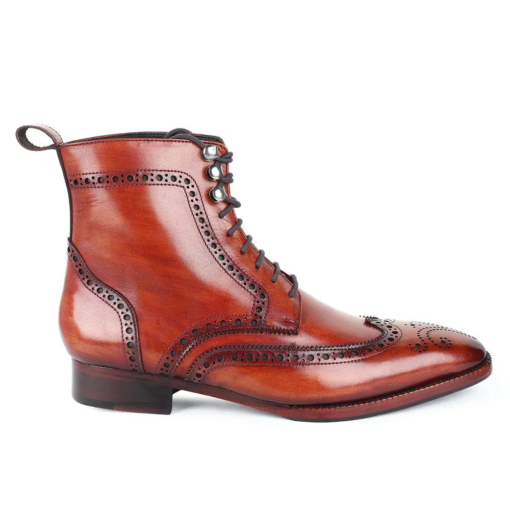 Tan Mirror Glossed Patina Wingtip Medallion Derby Boots
