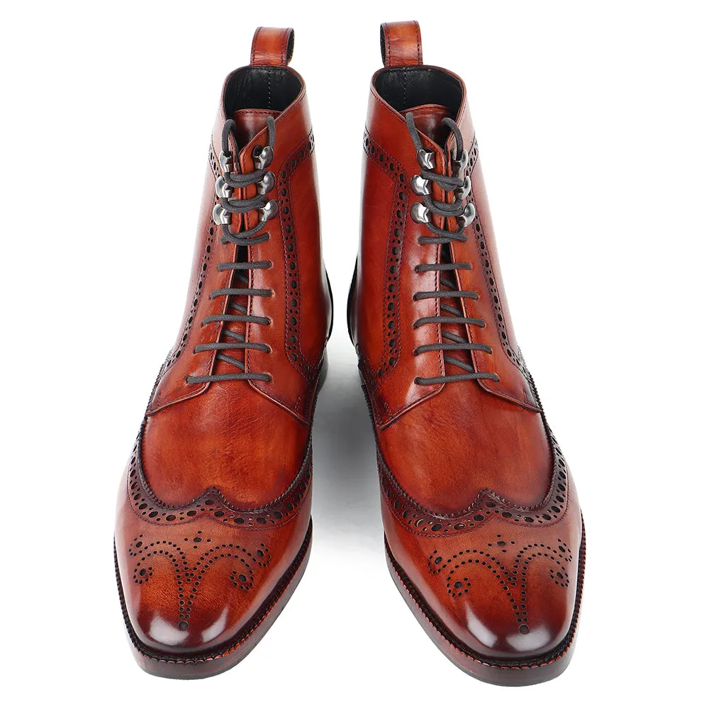 Tan Mirror Glossed Patina Wingtip Medallion Derby Boots
