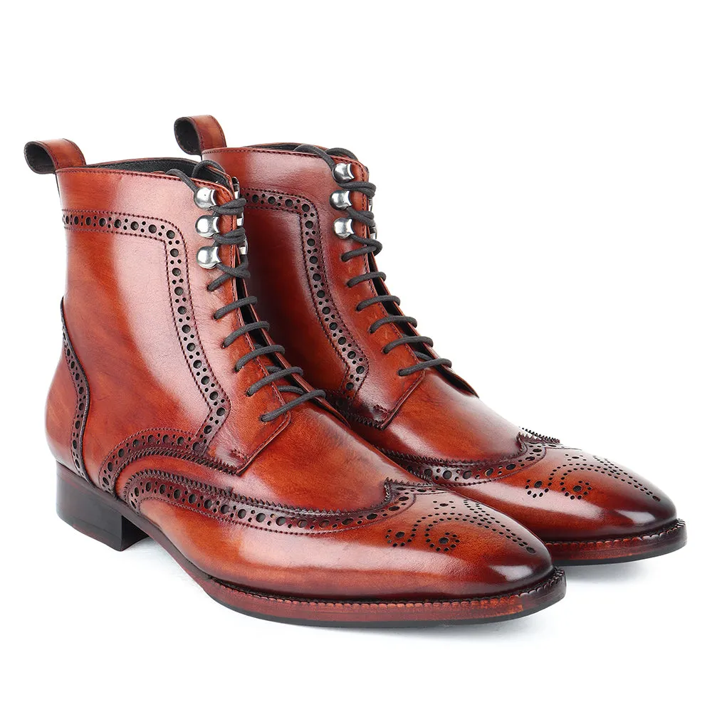 Tan Mirror Glossed Patina Wingtip Medallion Derby Boots