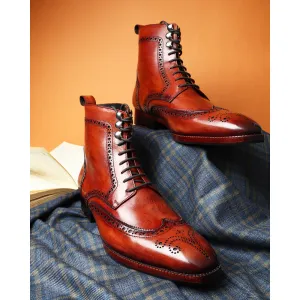 Tan Mirror Glossed Patina Wingtip Medallion Derby Boots