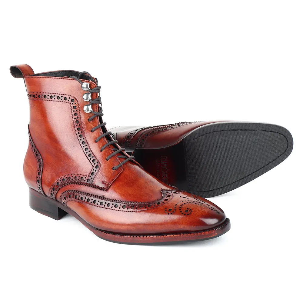 Tan Mirror Glossed Patina Wingtip Medallion Derby Boots