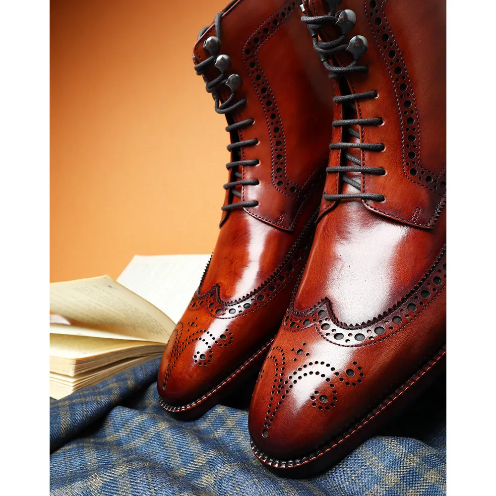 Tan Mirror Glossed Patina Wingtip Medallion Derby Boots
