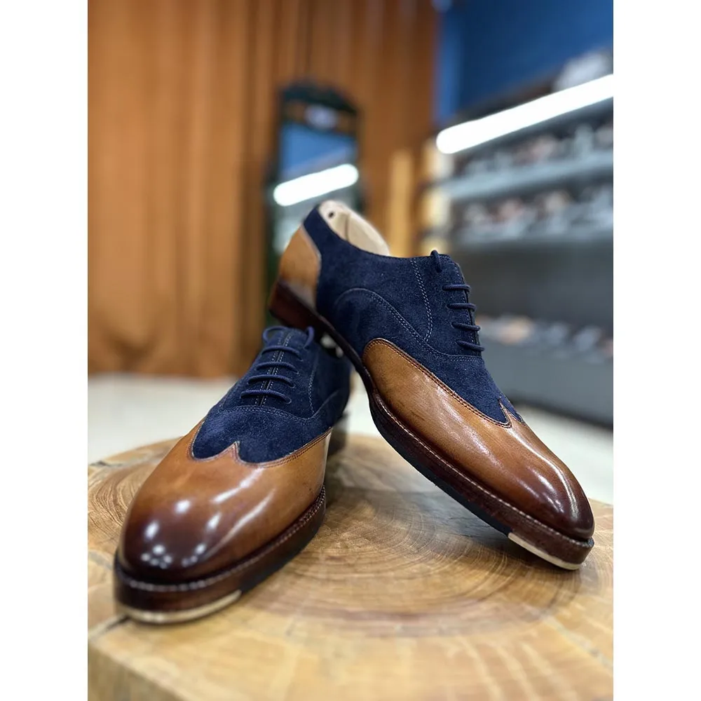 Tan   Navy Suede Stitch Detail Wingtip Oxford