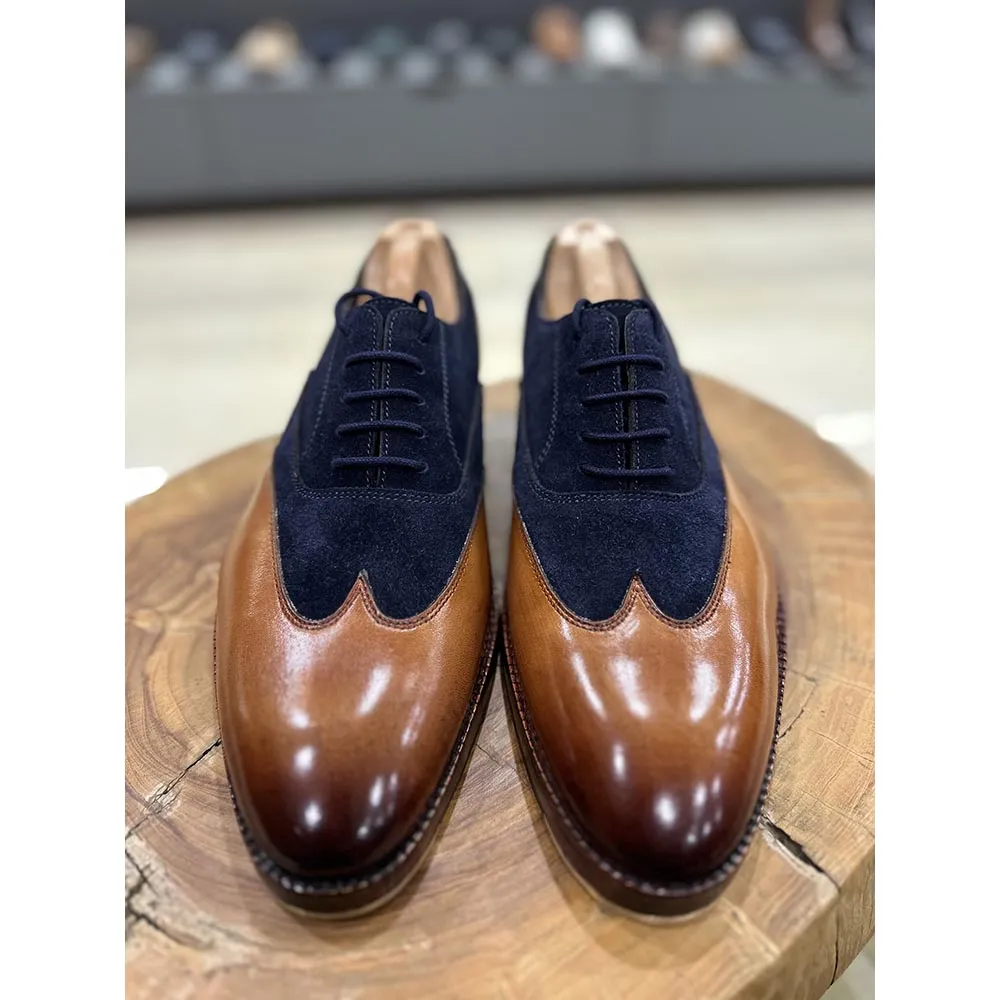 Tan   Navy Suede Stitch Detail Wingtip Oxford