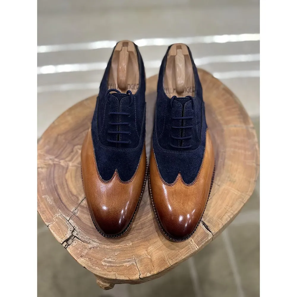 Tan   Navy Suede Stitch Detail Wingtip Oxford
