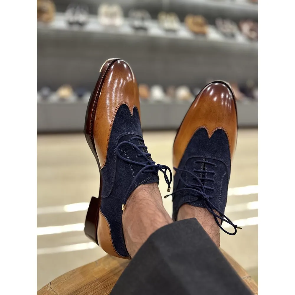 Tan   Navy Suede Stitch Detail Wingtip Oxford