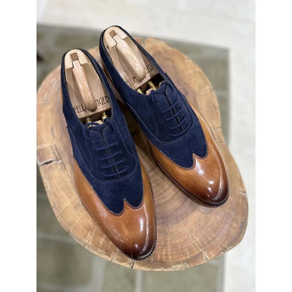 Tan   Navy Suede Stitch Detail Wingtip Oxford