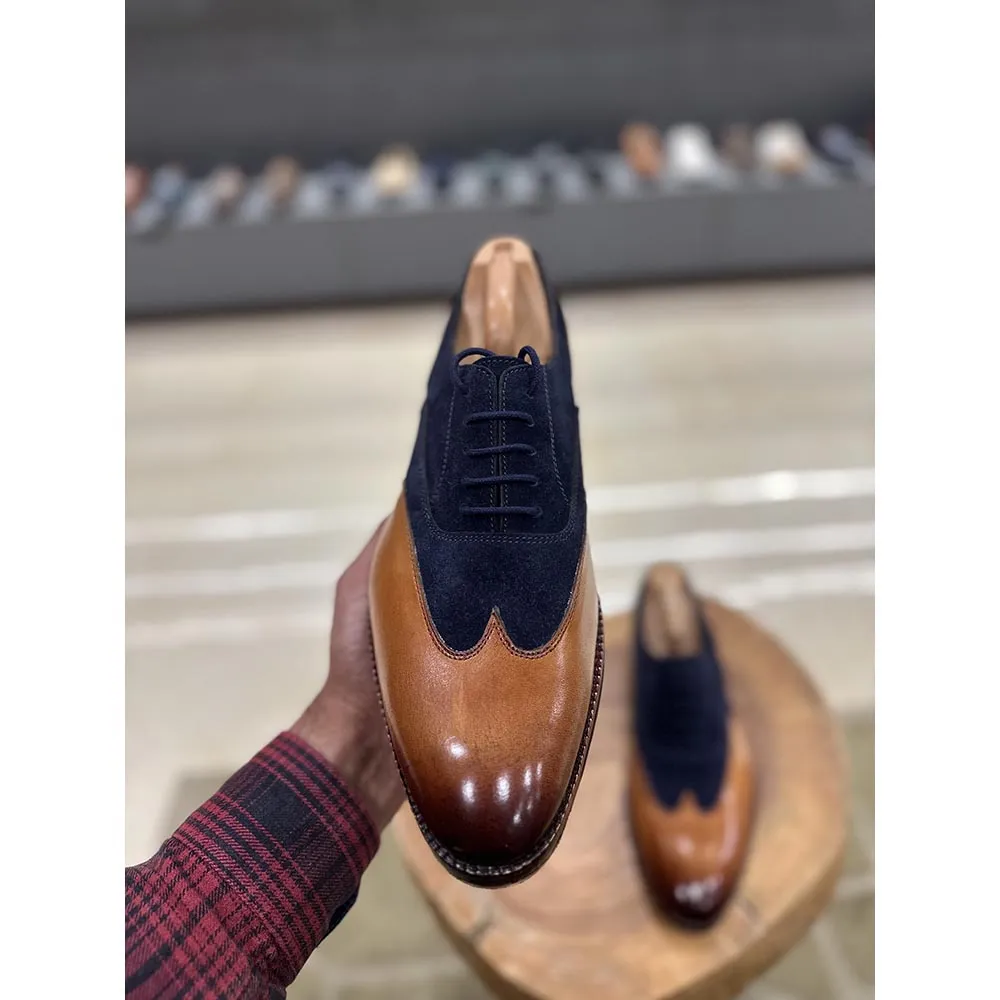 Tan   Navy Suede Stitch Detail Wingtip Oxford