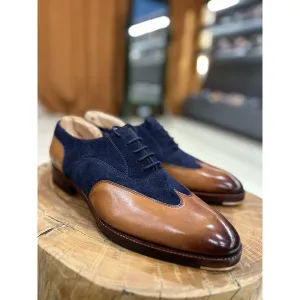 Tan   Navy Suede Stitch Detail Wingtip Oxford