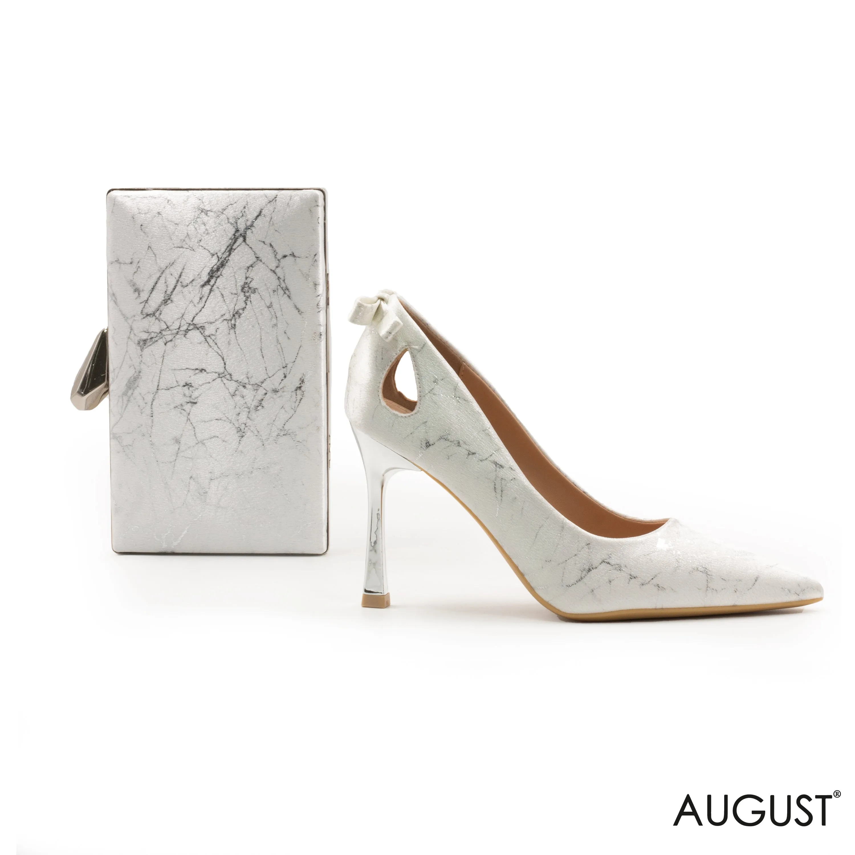 TEXTURED LEATHER HIGH-HEEL SHOES WITH BOW, MINI TEXTURED LEATHER WALLET WITH FLAP