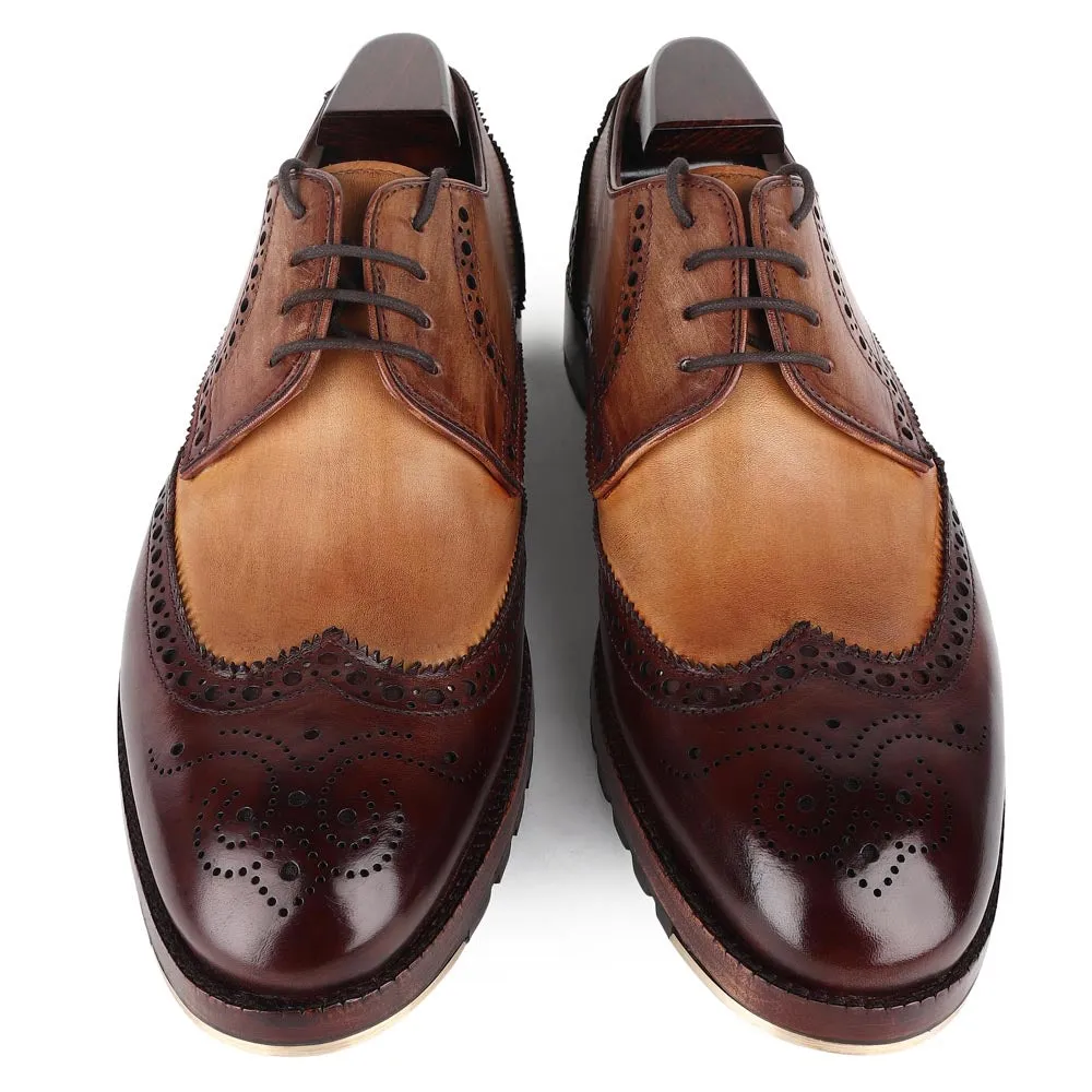 Triple Tone Mirror Glossed Patina Classic Wingtip Derby With Metal Toe Plate & Commando Sole