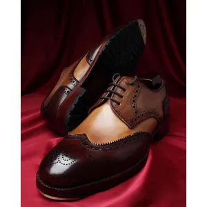 Triple Tone Mirror Glossed Patina Classic Wingtip Derby With Metal Toe Plate & Commando Sole