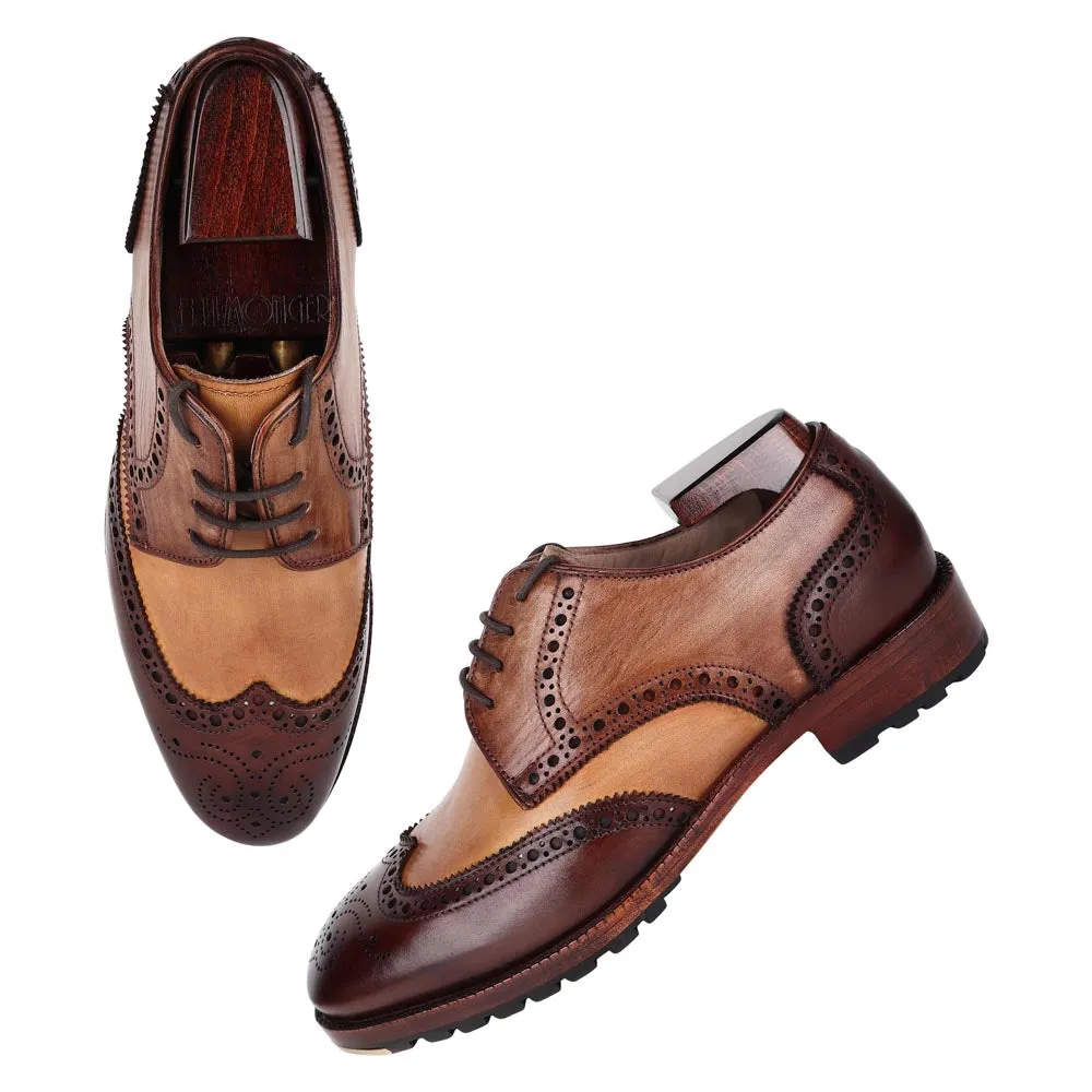 Triple Tone Mirror Glossed Patina Classic Wingtip Derby With Metal Toe Plate & Commando Sole