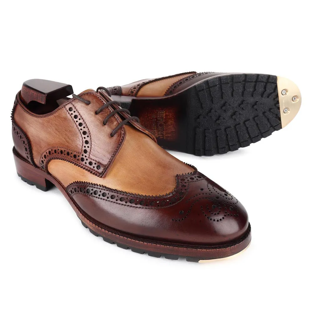 Triple Tone Mirror Glossed Patina Classic Wingtip Derby With Metal Toe Plate & Commando Sole
