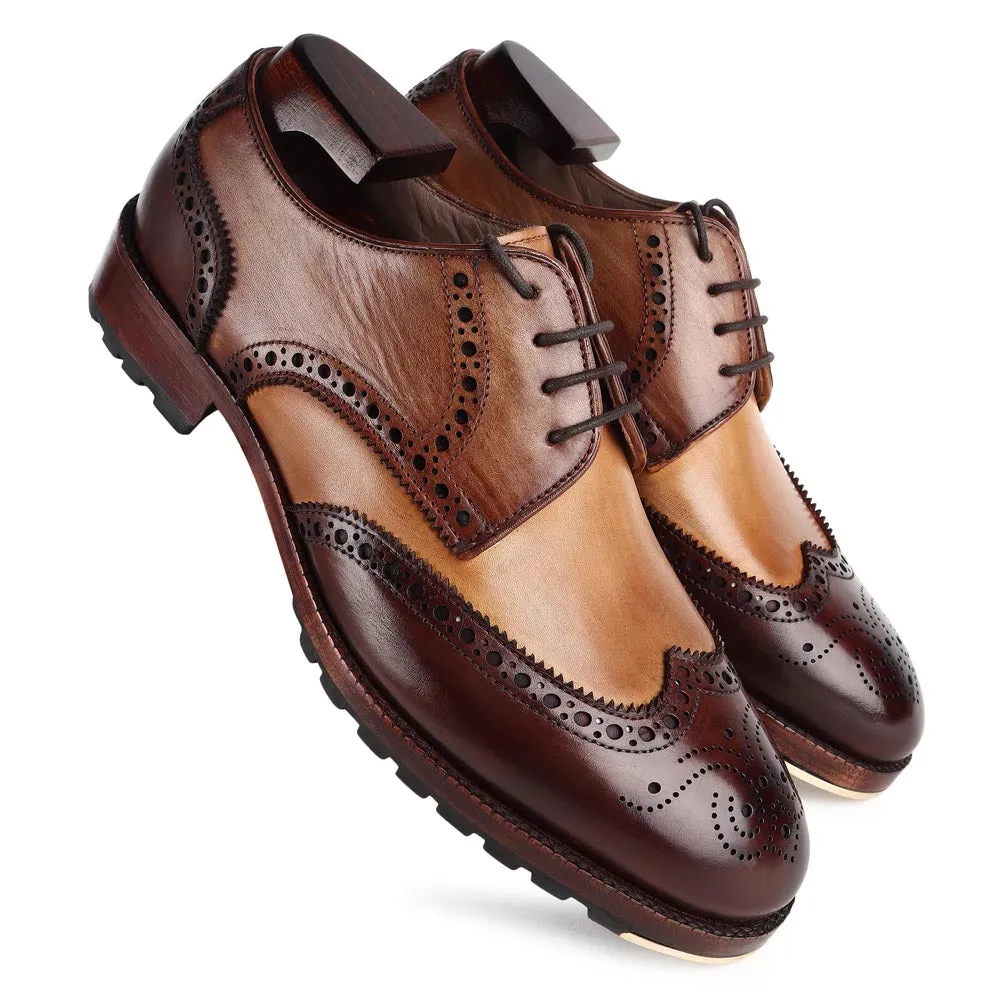 Triple Tone Mirror Glossed Patina Classic Wingtip Derby With Metal Toe Plate & Commando Sole