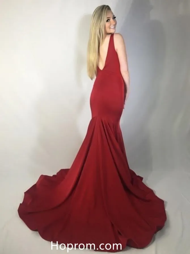 V-neck Red Long Prom Dress, Hot Evening Dress