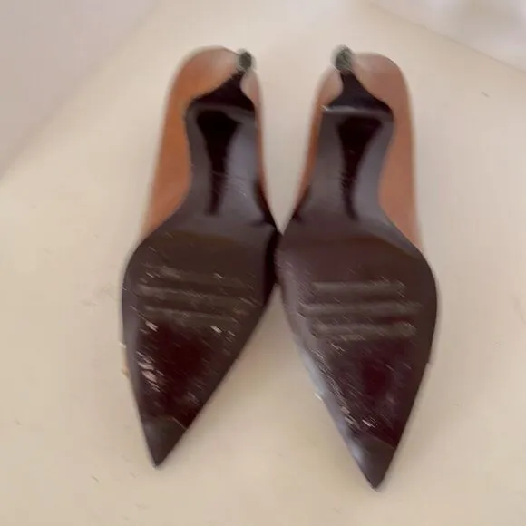 Via Spiga Brown Patent Leather Pointy Toe Stilettos With Cream Bows  Size 6.5