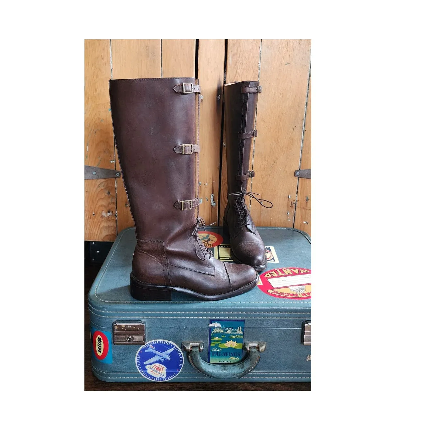 Vintage Brown Leather Knee Boots J Peterman Lace Up    Buckle Closure 6.5