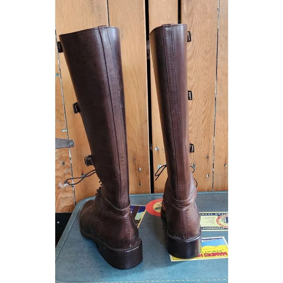 Vintage Brown Leather Knee Boots J Peterman Lace Up    Buckle Closure 6.5