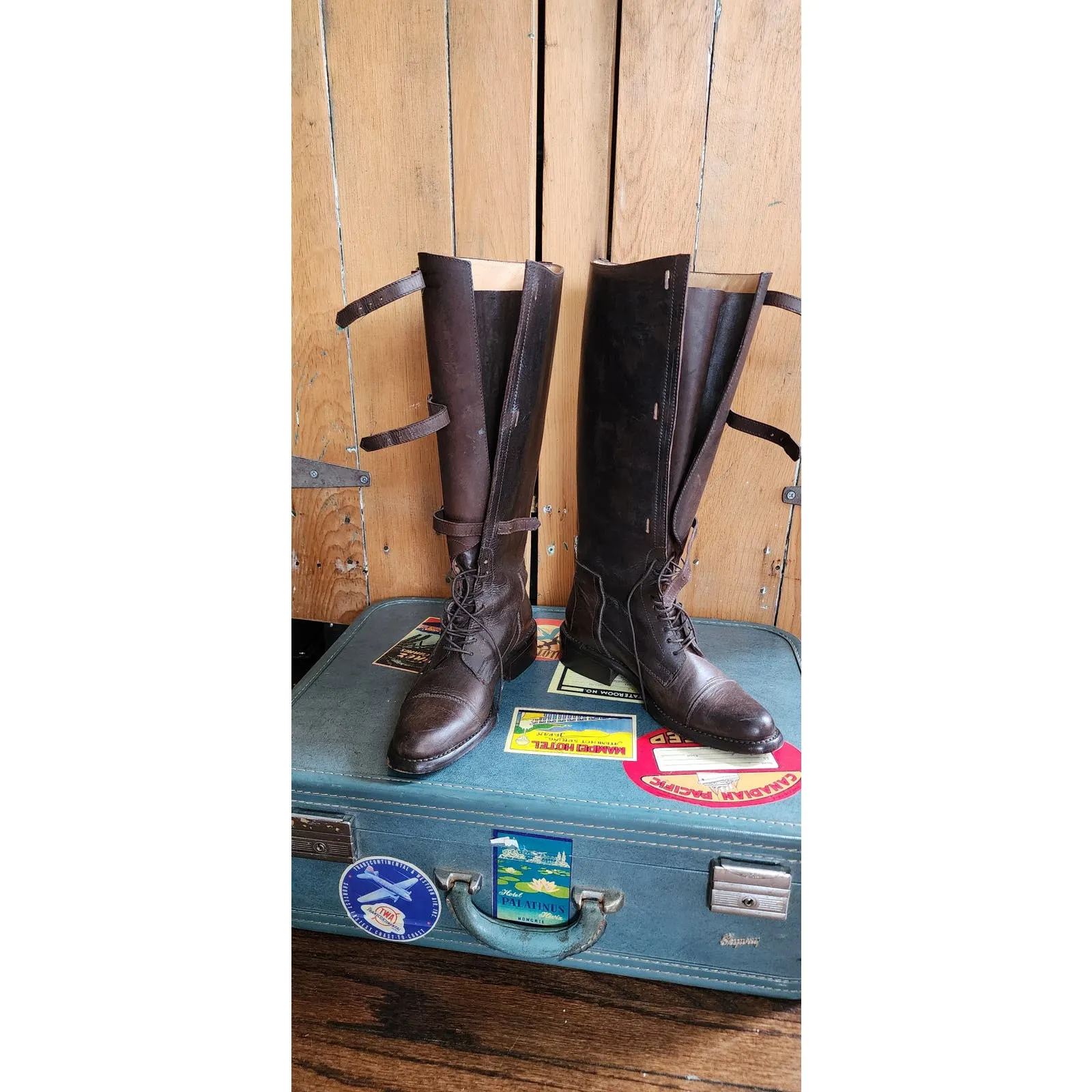Vintage Brown Leather Knee Boots J Peterman Lace Up    Buckle Closure 6.5