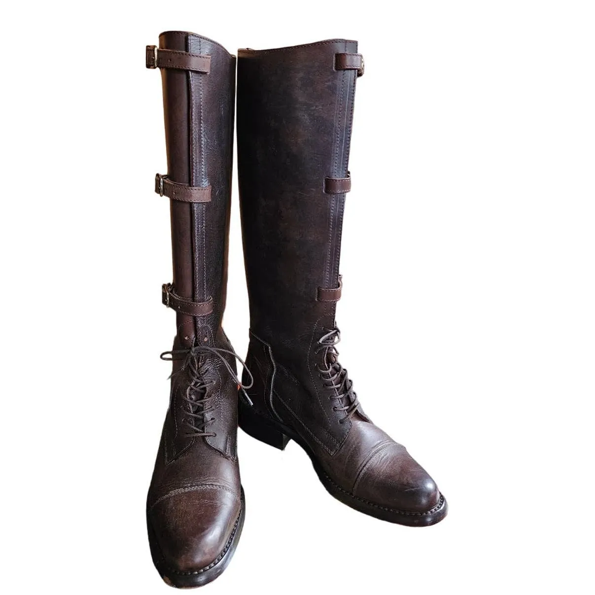 Vintage Brown Leather Knee Boots J Peterman Lace Up    Buckle Closure 6.5