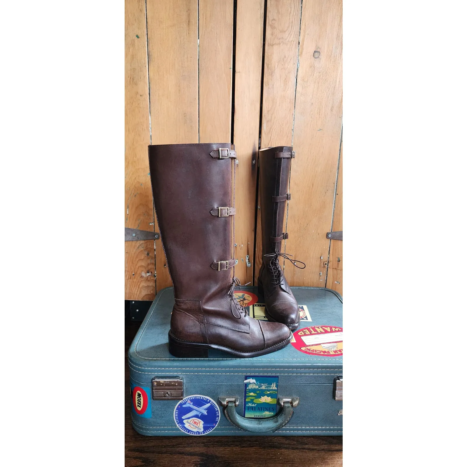 Vintage Brown Leather Knee Boots J Peterman Lace Up    Buckle Closure 6.5