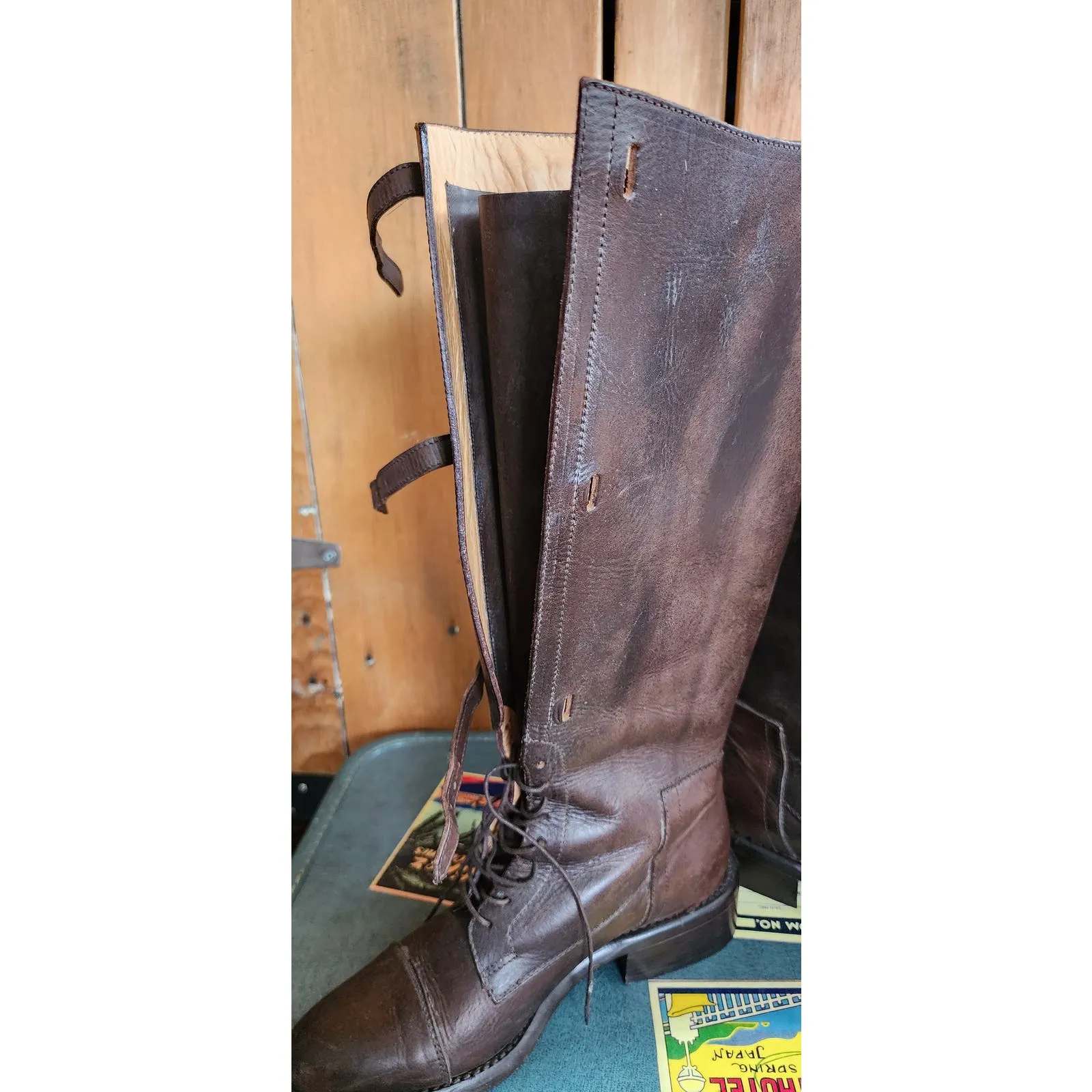 Vintage Brown Leather Knee Boots J Peterman Lace Up    Buckle Closure 6.5